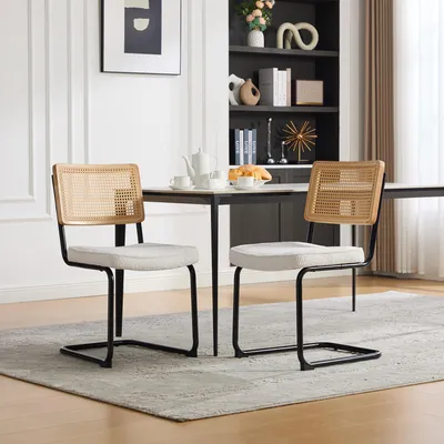 Productafbeelding van LVHOM Set van 2 schommelstoelen voor de eetkamer, met Weense vlecht, retro schommelstoel van chenille met metalen frame, keukelstoel in Bauhaus-stijl, beige