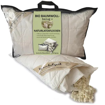Produktbild von Naturlatex Flocken Kopfkissen Kuschelzeit in 40x60 cm - Nackenstützkissen mit individueller Höhenregulierung und kbA Bezug