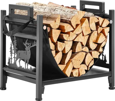 Produktbild von Kaminholzregal - Brennholzhalter mit Segeltuchtasche - Maße 45 x 31,5 x 41,5 cm - Tragkraft 18 kg - Pulverbeschichteter Stahl - Stabiler Holzstapelständer - Für Kamin