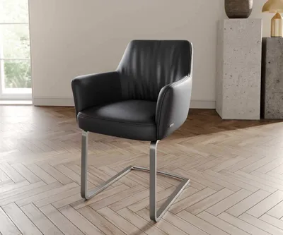 Produktbild von DELIFE Freischwinger Xana-Flex mit Armlehnen Echt-Leder Schwarz Freischwinger flach Edelstahl Taschenfederkern