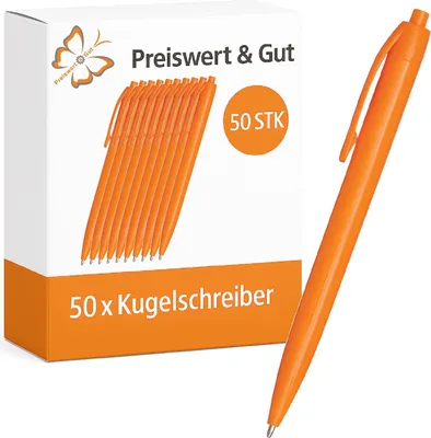 Produktbild von 50x Kugelschreiber orange Kunststoff Druckkugelschreiber schwarz 800-1000m Schreiblänge mit Druckmechanismus 13,8 cm Schreibstift