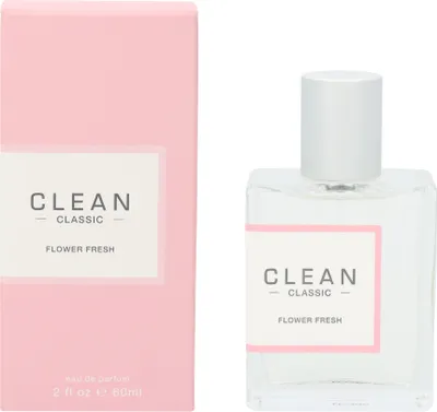 A pink perfume box and a clear glass perfume bottle with a white cap are displayed side-by-side against a white background.