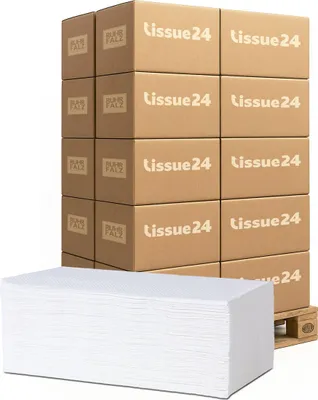 Produktbild von Tissue24 Falthandtücher 2-lagig 25×23 cm V-Falz – 20 VE Palette, 100% Zellstoff, Großvorrat für Gewerbe & Haushalt