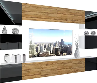 Image de BELINI Meuble-paroi entièrement équipé Ensemble de salon Meuble-paroi moderne avec éclairage LED Blanc brillant Meuble TV annexe Noir / Chêne Wotan brillant/mat