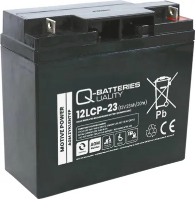 A black battery with white text and logos on a white background.