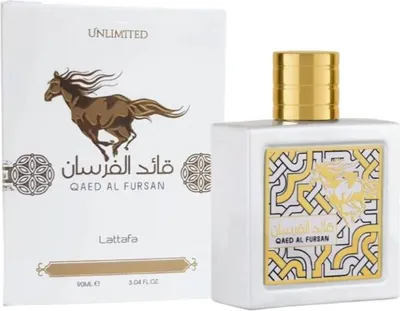 A perfume bottle and its packaging are displayed against a white background.
