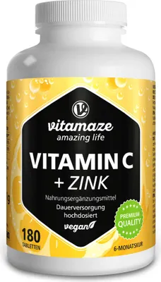 Produktbild von Vitamin C 1000 mg hochdosiert+Zink vegan Tabletten 180 St