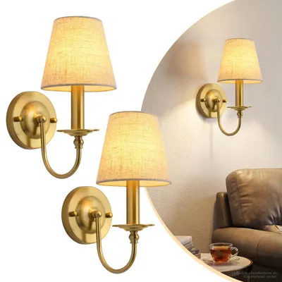 Imagen del producto de Apliques de pared dorados para interior, juego de 2 con pantalla de tela, casquillo E14