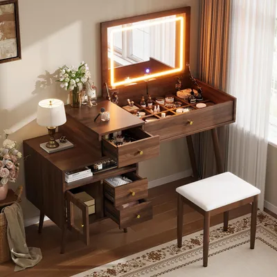 Produktbild von MODFU Schminktisch mit LED-Klappspiegel,Kosmetiktisch mit ausziehbare Tischplatte,Schminkkommode mit Seitenschrank und Hocker,Nussbaum