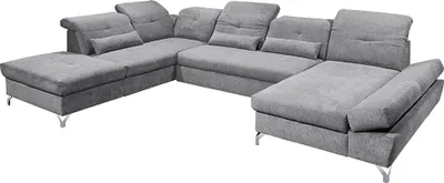 Produktbild von Wohnlandschaft mit verstellbaren Kopfstützen und Schlaffunktion in Mikrovelours dunkelgrau, U-Form mit Bettkasten links, Serie MUCCIA-09