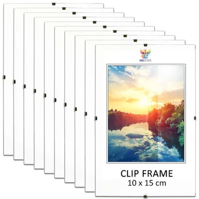 Produktbild von MG Design Cliprahmen Set 10 Stück A6 10x15 cm - rahmenlos mit Acrylglas & HDF-Rückwand, für Fotos/Poster/Puzzle, hoch/quer