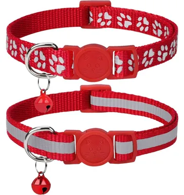Immagine prodotto di Collare riflettente per gatti con chiusura di sicurezza e campanellino, confezione da 2, colore rosso, taglia 15-20 cm