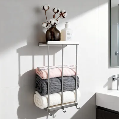 Image de Omgoods - Étagère murale pour serviettes avec 2 niveaux et crochets