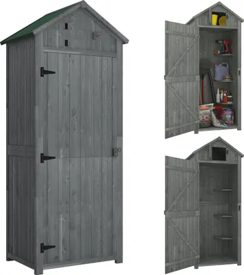 Zdjęcie produktu dla Drewniana szopa ogrodowa Outsunny, odporna na warunki atmosferyczne, szopa na narzędzia 77x54,2x179 cm, szopa na narzędzia z drzwiami, dach dwuspadowy, szafka na narzędzia z półkami, szafka na narzędzia do ogrodu, na patio, szaro-zielona