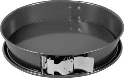 A round springform pan with a removable bottom and a latch mechanism.
