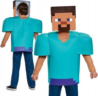 Two views of a child wearing a Minecraft Steve costume.
