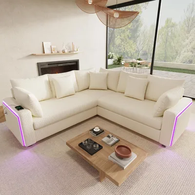 Productafbeelding van L-vormige hoekbank, met LED-verlichting, USB-oplaadpoort, kabel, inclusief kussens (beige)