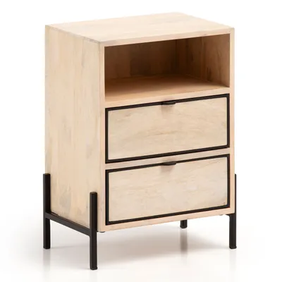 Produktbild von Nachttisch Mango Massivholz / Metall 43x60x30 cm Nachtschrank Boxspringbett, Design Nachtkonsole Braun mit 2 Schubladen, Nachtkommode mit Stauraum & Metallgestell