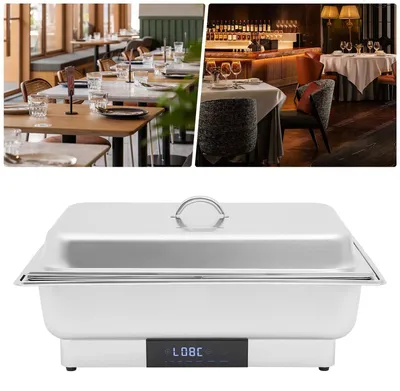 Obrázok produktu pre Elektrický ohrievač jedál – Chafing Dish – 3 nerezové nádoby – 1 veľká (9 l) + 2 malé (spolu 9 l) – elektrická ohrievacia doska, automatické ovládanie