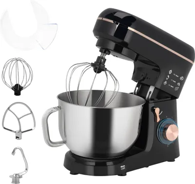 Zdjęcie produktu dla HOMCOM Robot kuchenny Ugniatarka 5,5L Misa ze stali nierdzewnej 1400W 6+P prędkości Mikser do ciasta z hakiem do ciasta, trzepaczką, osłoną przeciwbryzgową, skrobakiem do ciasta i separatorem jajek Czarny