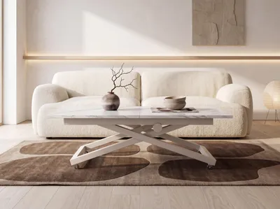 Produktbild von Couchtisch Höhenverstellbar Ausziehbar – Wohnzimmertisch & Esstisch mit Rollen, X-Metallgestell in Kaschmir – 120 x 80 cm bis 160 x 80 cm – Marmor Weiß
