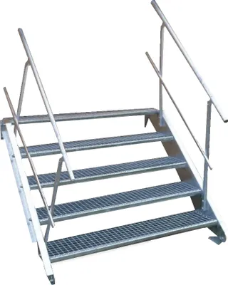 Zdjęcie produktu dla 5-stopniowe schody stalowe po obu stronach. Szerokość poręczy 130 cm Wysokość schodów 70-105 cm