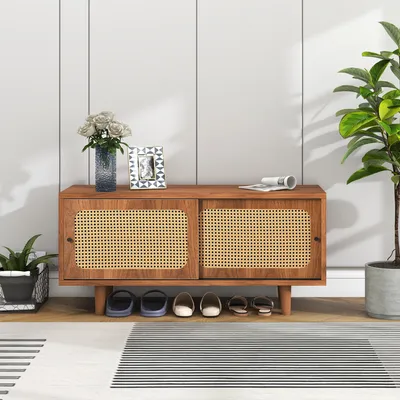 Produktbild von okwish Schuhschrank aus Rattan für den Eingangsbereich, eleganter Schuhschrank in Walnussfarbe mit verstellbaren Regalen, geeignet für Eingangsbereich, Flur, Schlafzimmer