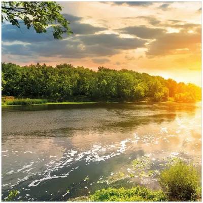 Produktbild von Wallario Premium Glasbild, freischwebende Optik, kräftige Farben, Größe 30 x 30 cm Motiv Sonnenuntergang am Fluss in grüner Umgebung