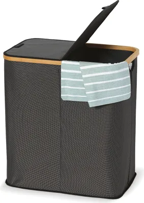 Produktbild von DomoPak Living Wäschesammler doppelt mit Bambusrahmen, 90 Liter, 54 x 34 x 58,5 cm, Wäschebox getrennt, Badezimmer, Schwarz, 901056