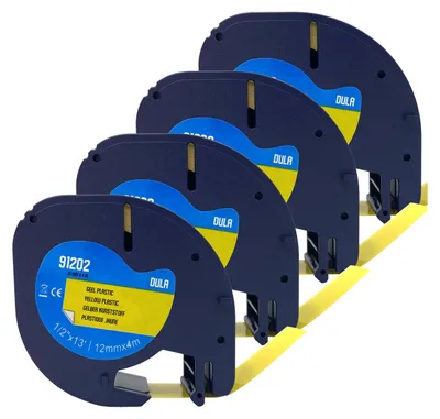 Produktbild von DULA Dymo kompatibles Schriftband, 91202, 12 mm x 4 m, Schwarz auf Gelb, 4 Kassetten