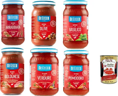 Produktbild von De Cecco Sugo – 6×190 g (1,14 kg) Mix: Pomodoro, Basilico, Arrabbiata, Olive, Verdure, Ragù Bolognese – 100% italienische Tomaten, servierfertige Pastasaucen im Glas + Italian Gourmet polpa