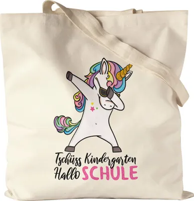 Produktbild von Tschüss Kindergarten Hallo Schule Jutebeutel Stoffbeutel Canvas Einschulungsgeschenk Einhorn Unicorn Fans