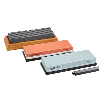 Zdjęcie produktu dla Zestaw kamieni do ostrzenia noży Amazon Basics, 3 sztuki, dwustronny, ziarnistość 400/1000 i 3000/8000, kamień spłaszczający z antypoślizgowym bambusowym spodem, wielokolorowy, 22,5 x 15,2 x 7,3 cm