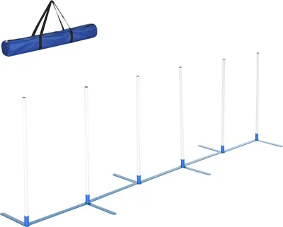 Productafbeelding van Honden slalomstokken voor agility training. Trainingsset voor huisdieren, inclusief een tas van 600D polyester. Materiaal: kunststof. Kleur: wit en blauw. Afmetingen: 305 x 60 x 94 cm