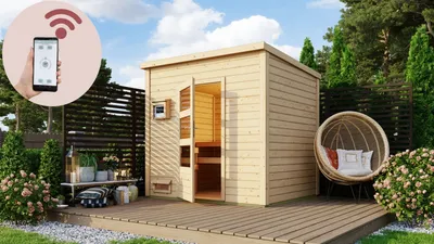 Produktbild von Karibu Saunahaus Außensauna Gartensauna Pepe 3 + 9kw Ofen und HUUM WIFI Steuergerät Sparset 231 x 196 cm Farbe: Naturbelassen