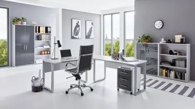 Produktbild von Büromöbel-Set TABOR PRO 1 in lichtgrau / anthrazit Hochglanz, Arbeitszimmer Komplett-Set