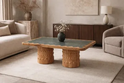 Produktbild von Couchtisch Design Holz Mit Grüner Marmor Platte