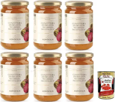 Produktbild von Agrisicilia Extra Marmelade mit "Feigen von Indien der Etna D.O.P." Mit hochwertiger Obst- und Handwerksverarbeitung ideales Glas zum Frühstück und Snack, 6x 360 g + Italian Gourmet polpa 400g