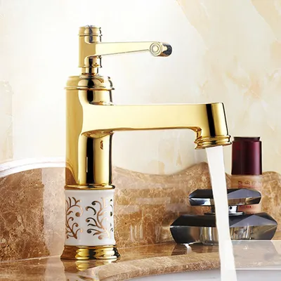 Immagine prodotto di Rubinetto classico europeo dorato per lavabo bagno Miscelatore acqua calda e fredda monocomando in rame da incasso