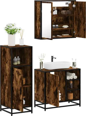 Produktbild von Eleganten-Stil 3-tlg. Badmöbel-Set Räuchereiche Holzwerkstoff - Badezimmerschränke DE5681