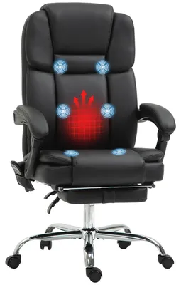 Image de Fauteuil de bureau avec vibration à 6 points, repose-pieds, fonction massage et chauffage, revêtement en similicuir, couleur noire. Chaise de bureau | 19 kg | Inclinable jusqu'à 135° | 66x67x126 cm