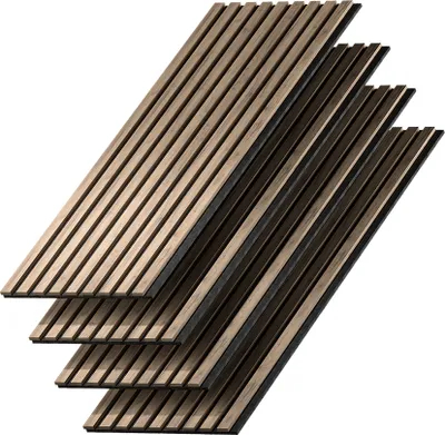 Four wooden acoustic panels are stacked diagonally on a white background.