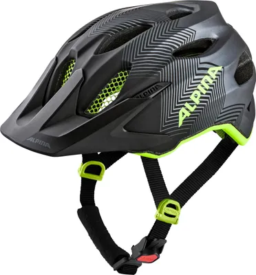 A black and gray ALPINA children's youth helmet with neon green accents and straps, shown from a front-side angle against a white background.