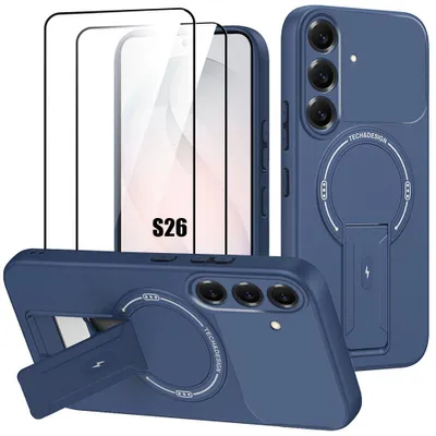 Image de Coque + 2 Verres Trempés pour Samsung Galaxy S26, Silicone avec Cercle Magnétique - Bleu Marine