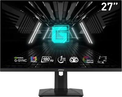 A gaming monitor displaying a futuristic graphic with various feature icons at the bottom.