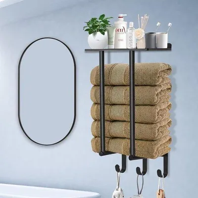 Immagine prodotto di Portasciugamani nero con 3 ganci per bagno e cucina - Portasciugamani da parete (40 cm)