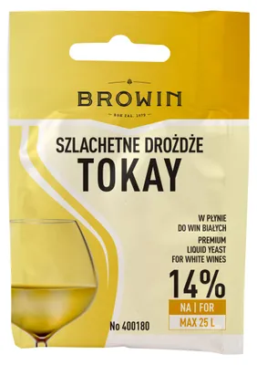 A package of Browin brand liquid yeast for white wines, specifically Tokay flavor, with a graphic of a wine glass.