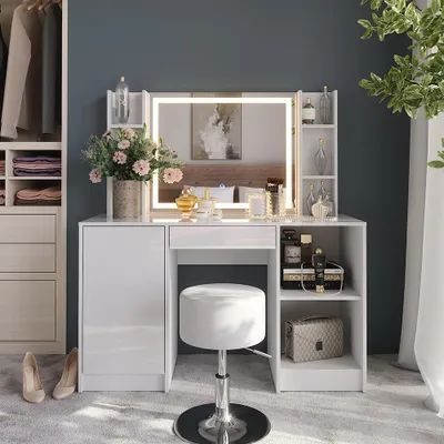 Immagine prodotto di Tavolo da toeletta Vicco Sherry Bianco/bianco lucido 128.2 cm con specchio LED e sgabello, Model 57626