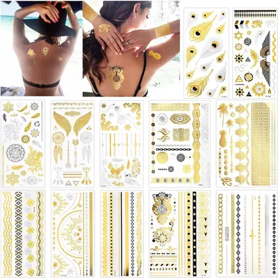 Produktbild von 12 Blätter Metallic Temporäre Tattoos Gold Schwarz Silber Flash Tattoos Wasserfest Klebetattoos Frauen Mädchen