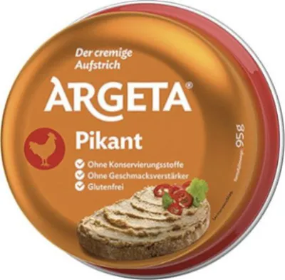 Produktbild von Argeta Pikant, Geflügelpastete, 95 g, Sorgfältig ausgewähltes hühnerfleisch mit süssem paprika, verfeinert mit gartenkräutern und..., Palmöl, Konservierungsmittel, Synthetischer Farbstoff, 312 kcal, 1291 kJ